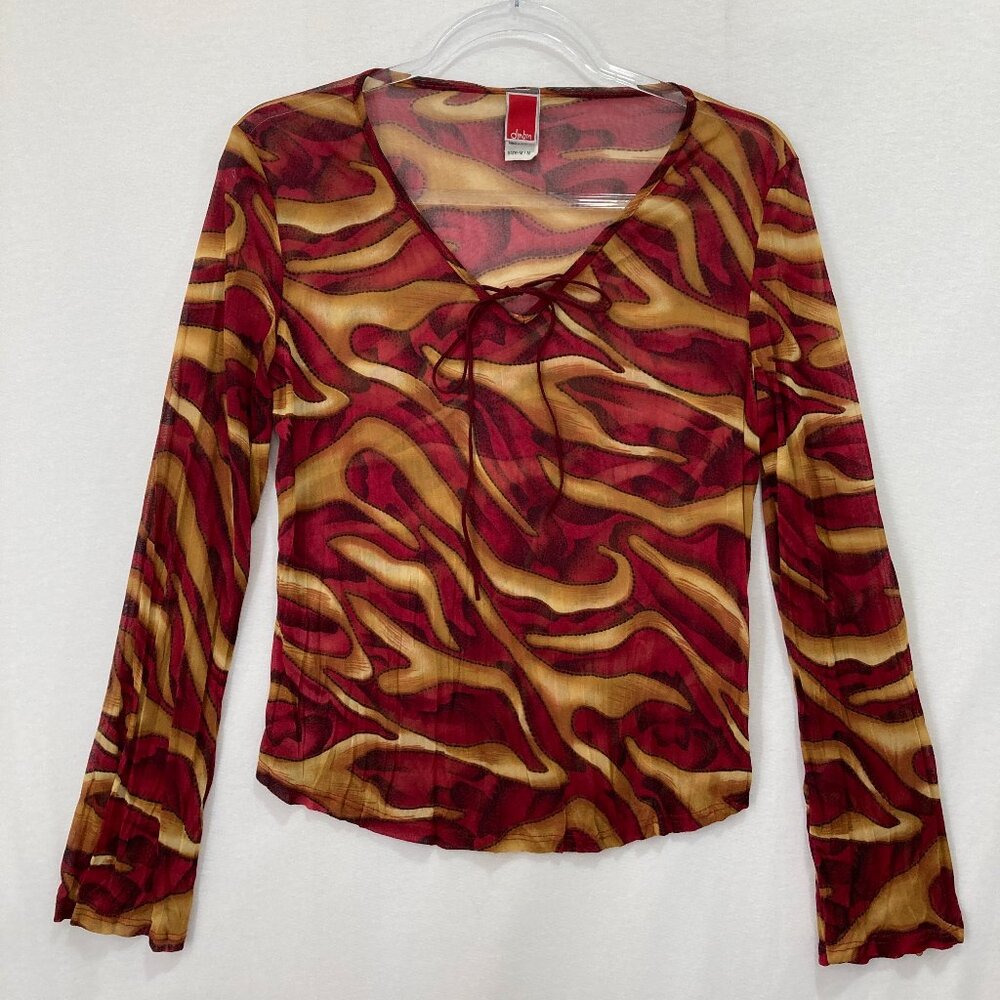 Vintage Dmbm Y2K Grunge Mesh Blouse Medium Red Swirl Abstract Tie Neck Fairycore
